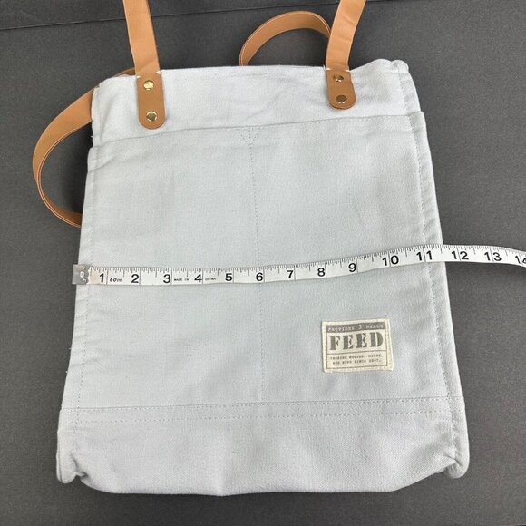 Feed Tote Bag Canvas Glacier Grey Tan Leather Gold Hardware Handbag No Closure - Picture 9 of 12